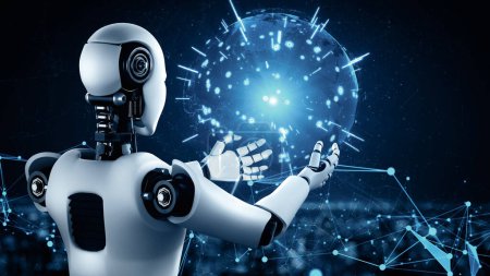 Téléchargez les photos : Illustration 3D XAI Le robot hominoïde AI tenant un écran holographique montre le concept de réseau de communication mondial en utilisant la pensée de l'intelligence artificielle par processus d'apprentissage automatique. Ordinateur de rendu 3D - en image libre de droit