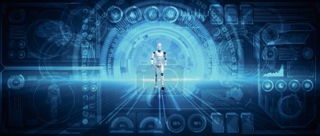 Téléchargez les photos : Robot d'illustration XAI 3D humanoïde analysant les mégadonnées en utilisant la pensée IA cerveau et processus d'apprentissage automatique dans le concept de la 4ème quatrième révolution industrielle. - en image libre de droit