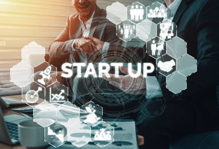 Photo for Start Up Business of Creative People Concept - Modern graphic interface showing symbol of entrepreneurship, fund, and project plan to start a new small business by smart group of entrepreneur. uds - Royalty Free Image