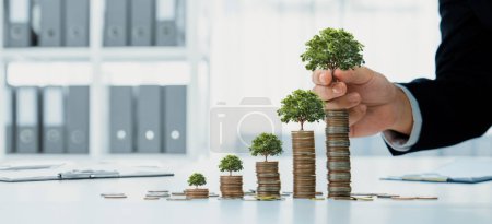Photo for Growth coin stack with tree on top symbolize green business investment on CSR or ESG for environmental protection. Business people doing financial planning to archive net zero sustainability. Shrewd - Royalty Free Image