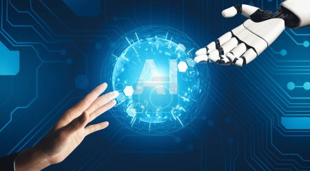 XAI 3D Rendering futuristischer Droid-Roboter-Technologie-Entwicklung, künstlicher Intelligenz-KI und maschinellem Lernkonzept. Globale robotische bionische Forschung für die Zukunft des menschlichen Lebens.