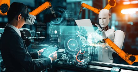 Foto de XAI Robot industrial mecanizado y trabajador humano trabajando juntos en la futura fábrica. Concepto de inteligencia artificial para la revolución industrial y el proceso de fabricación de automatización. - Imagen libre de derechos