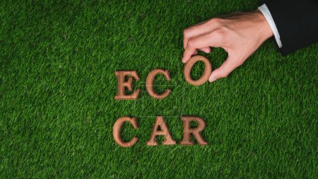 Hand arranged eco-friendly car and electric vehicle message as backdrop for encouraging campaign promoting environmental friendly transportation with net-zero emission by biophilia design. Gyre