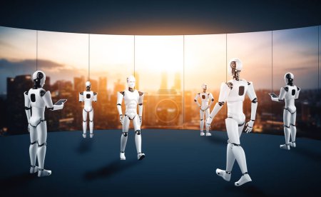 Téléchargez les photos : Robot d'illustration 3D XAI humanoïde travaillant dans le futur intérieur de bureau. Concept de pensée IA cerveau et processus d'apprentissage automatique pour la 4ème quatrième révolution industrielle. - en image libre de droit