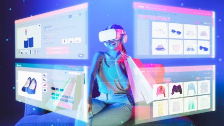 Photo for Smart female sitting on sofa while wearing VR headset connecting metaverse, future cyberspace community technology. Elegant woman enjoy opening online store menu shop luxury product. Hallucination. - Royalty Free Image
