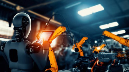 Foto de XAI Robot industrial mecanizado y brazos robóticos para montaje en producción de fábrica. Concepto de inteligencia artificial para la revolución industrial y el proceso de fabricación de automatización. - Imagen libre de derechos