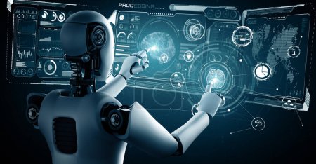 Téléchargez les photos : Illustration 3D XAI Robot hominoïde IA touchant l'écran holographique virtuel montrant le concept de cerveau IA et la pensée de l'intelligence artificielle par processus d'apprentissage automatique. rendu 3D. - en image libre de droit