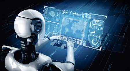 Téléchargez les photos : Illustration 3D XAI Robot humanoïde utiliser un ordinateur portable et s'asseoir à table pour l'analyse de mégadonnées en utilisant la pensée IA cerveau, l'intelligence artificielle et le processus d'apprentissage automatique pour le 4ème quatrième industriel - en image libre de droit