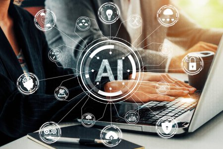 Photo for AI Learning and Artificial Intelligence Concept - Icon Graphic Interface showing computer, machine thinking and AI Artificial Intelligence of Digital Robotic Devices. uds - Royalty Free Image