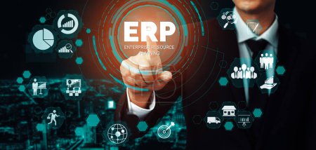 Enterprise Resource Management ERP software system for business resources plan présenté dans l'interface graphique moderne montrant la technologie future pour gérer les ressources d'entreprise de l'entreprise. uds