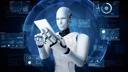 Téléchargez les photos : Illustration 3D XAI Robot hominoïde utiliser un téléphone mobile ou une tablette pour l'analyse de mégadonnées en utilisant la pensée IA cerveau, l'intelligence artificielle et le processus d'apprentissage automatique pour le 4ème quatrième industriel - en image libre de droit
