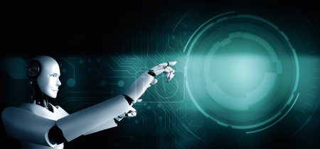 Téléchargez les photos : Illustration 3D XAI robot humanoïde AI toucher doigt à l'espace de copie dans le concept de la pensée de l'intelligence artificielle par processus d'apprentissage automatique pour la 4e quatrième révolution industrielle. Illustration 3D. - en image libre de droit
