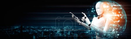Téléchargez les photos : Illustration 3D XAI Robot humanoïde utiliser un téléphone mobile ou une tablette pour la connexion au réseau mondial en utilisant la pensée IA cerveau, l'intelligence artificielle et le processus d'apprentissage automatique pour la 4e révolution industrielle - en image libre de droit