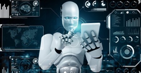 Téléchargez les photos : Illustration 3D XAI Robot hominoïde utiliser un téléphone mobile ou une tablette pour l'analyse de mégadonnées en utilisant la pensée IA cerveau, l'intelligence artificielle et le processus d'apprentissage automatique pour le 4ème quatrième industriel - en image libre de droit