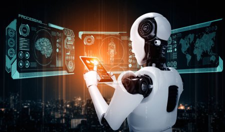 Téléchargez les photos : Illustration 3D XAI Robot humanoïde utilisant un ordinateur tablette dans le concept de cerveau de pensée IA, l'intelligence artificielle et le processus d'apprentissage automatique pour la 4ème quatrième révolution industrielle. 3D - en image libre de droit