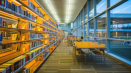 Ein sanft verschwommenes Bild eines Bibliotheksinnenraums mit Bücherregalreihen, Lesetischen und einer friedlichen Lernatmosphäre. Eine Bibliothek mit verschwommenen Konturen. Resplenant.