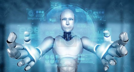 Foto de Ilustración XAI 3D Robot humanoide AI que sostiene la pantalla del holograma virtual que muestra el concepto del análisis del big data usando el pensamiento de la inteligencia artificial por el proceso de aprendizaje automático. Ilustración 3D. - Imagen libre de derechos