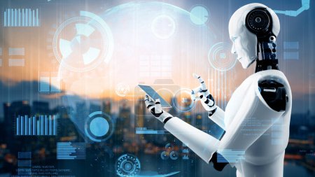 Foto de Ilustración XAI 3D Robot futurista inteligencia artificial huminoide AI para el desarrollo de tecnología industrial de fábrica y el concepto de aprendizaje automático. investigación científica biónica robótica para el futuro del ser humano - Imagen libre de derechos