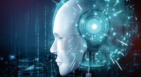 Foto de Ilustración XAI 3D Robot cara humanoide de cerca con el concepto gráfico de cerebro de pensamiento AI, inteligencia artificial y proceso de aprendizaje automático para la cuarta cuarta revolución industrial. Renderizado 3D - Imagen libre de derechos