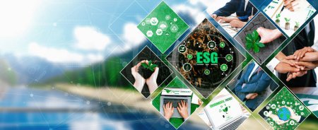 Green Business ESG Management Tool zur Rettung der Welt zukünftiges Konzept Modell Fallidee mit Bio-Kohlenstoff-Abfallzyklus-Daten für einen besseren Tag des Stadtlebens umzugehen, während der Aufbau von Arbeitsplätzen, Geld, Ökobilanz-Steuer und Gewinn .