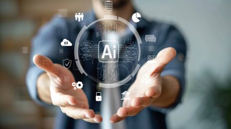Der Mensch interagiert mit dem künstlichen Intelligenz-Gehirnprozessor KI im Konzept der künstlichen Intelligenz, Big Data und maschinellem Lernen, um generative KI für die Unterstützung von Unternehmen zu nutzen. Faas