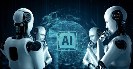 Téléchargez les photos : Illustration 3D XAI Penser robot hominoïde IA analyse écran hologramme montrant concept de cerveau IA et intelligence artificielle pensée par processus d'apprentissage automatique. rendu 3D. - en image libre de droit