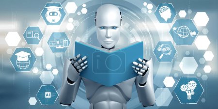 Téléchargez les photos : Illustration XAI 3d Illustration 3D de robot humanoïde livre de lecture en concept de future intelligence artificielle et 4ème quatrième révolution industrielle. - en image libre de droit