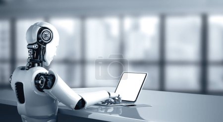 Photo for XAI 3d illustration Robot humanoid use laptop and sit at table in future office while using AI thinking brain , artificial intelligence and machine learning process. 4th fourth industrial revolution - Royalty Free Image