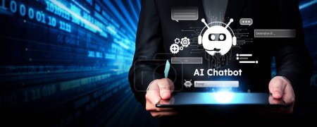 L'humain interagit avec l'intelligence artificielle intelligence artificielle chatbot assistant virtuel dans le concept de l'intelligence artificielle intelligence artificielle invite ingénierie, LLM IA deep learning to use generative AI for work support. FaaS