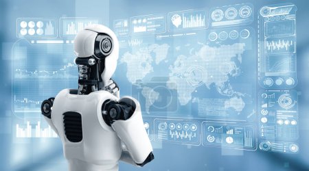 Téléchargez les photos : Illustration 3D XAI Pensant robot humanoïde AI analysant écran hologramme montrant concept Big Data analytique en utilisant l'intelligence artificielle par processus d'apprentissage automatique. Illustration 3D. - en image libre de droit