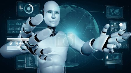 Foto de Ilustración XAI 3D Robot hominoide AI con pantalla de holograma virtual que muestra el concepto de big data analytic utilizando el pensamiento de inteligencia artificial mediante el proceso de aprendizaje automático. Renderizado 3D. - Imagen libre de derechos