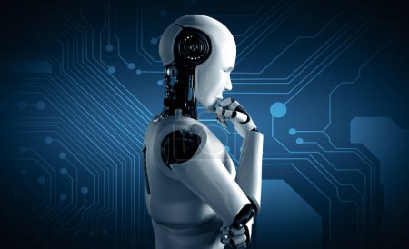 Téléchargez les photos : Illustration 3D XAI Un robot humanoïde IA réfléchi analyse les données d'information dans le concept d'intelligence artificielle par processus d'apprentissage automatique pour la 4e quatrième révolution industrielle. Illustration 3D. - en image libre de droit