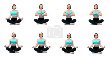Foto de Mujer joven saludable y activa en ropa deportiva con diferentes posturas de fitness profesional conjunto de sesiones de entrenamiento de yoga. Meditación ejercicio de yoga sobre fondo aislado en la alegría de cuerpo entero tiro de longitud. - Imagen libre de derechos