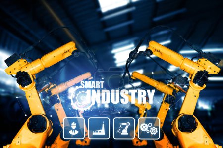 Photo for XAI Smart industry robot arms for digital factory production technology showing automation manufacturing process of the Industry 4.0 or 4th industrial revolution and IOT software to control operation. - Royalty Free Image