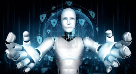 Téléchargez les photos : Illustration XAI 3D robot IA utilisant la cybersécurité pour protéger la confidentialité des informations. Concept futuriste de prévention de la cybercriminalité par l'intelligence artificielle et le processus d'apprentissage automatique. rendu 3D - en image libre de droit