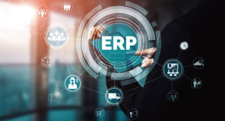 Enterprise Resource Management ERP software system for business resources plan présenté dans l'interface graphique moderne montrant la technologie future pour gérer les ressources d'entreprise de l'entreprise. uds