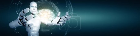 Téléchargez les photos : Illustration 3D XAI Robot humanoïde AI tenant un écran holographique virtuel montrant le concept de cerveau IA et la pensée de l'intelligence artificielle par processus d'apprentissage automatique. Illustration 3D. - en image libre de droit