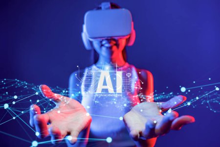 Foto de Los seres humanos interactúan con el procesador cerebral de inteligencia artificial de IA en concepto de ingeniería de inteligencia artificial de IA, big data y aprendizaje automático de IA para usar la IA generativa como soporte empresarial. Faas. - Imagen libre de derechos