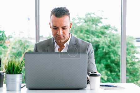 Téléchargez les photos : Un homme d'affaires d'âge moyen qui utilise un ordinateur portable alors qu'il est assis à la table dans la salle de bureau. uds - en image libre de droit