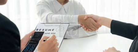Corporate recruiter interview shake hand and hire job candidate after make successful job interview. Successful bob interview appointment for career opportunity and HR manager concept. Panorama Shrewd