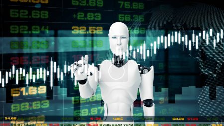 Téléchargez les photos : Illustration 3D XAI Robot futuriste, intelligence artificielle CGI pour le trading boursier. Homme robotique 3D rendu animation. Illustration 3D. - en image libre de droit