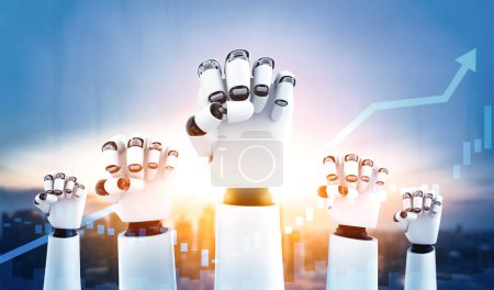 Téléchargez les photos : Illustration 3D XAI Robot humanoïde mains en l'air pour célébrer le succès de l'investissement en argent réalisé en utilisant la pensée IA intelligence artificielle et le processus d'apprentissage automatique pour la technologie financière. 3D - en image libre de droit