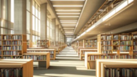 Ein sanft verschwommenes Bild eines Bibliotheksinnenraums mit Bücherregalreihen, Lesetischen und einer friedlichen Lernatmosphäre. Eine Bibliothek mit verschwommenen Konturen. Resplenant.