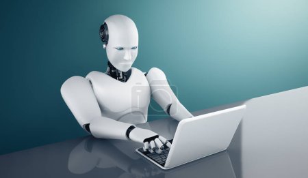 Foto de Ilustración XAI 3D Robot humanoide utilizar el ordenador portátil y sentarse a la mesa en la oficina futura, mientras que el uso de cerebro pensamiento AI, inteligencia artificial y el proceso de aprendizaje automático. Cuarta revolución industrial - Imagen libre de derechos