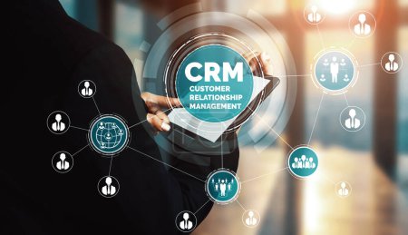 CRM Customer Relationship Management for business sales marketing system concept présenté dans l'interface graphique futuriste de l'application de service pour soutenir l'analyse de base de données CRM. uds