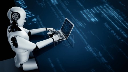 Téléchargez les photos : Illustration MLB 3d Robot futuriste intelligence artificielle huminoid AI programmation codage développement technologique et concept d'apprentissage automatique. Recherche en bionique robotique pour l'avenir de l'homme - en image libre de droit
