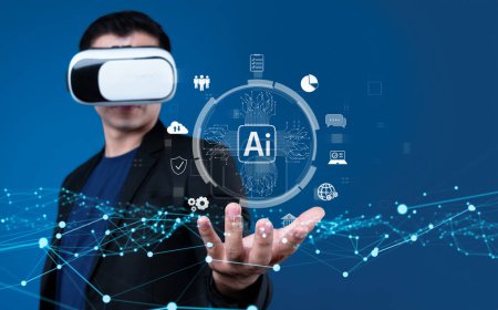 Téléchargez les photos : L'humain interagit avec le processeur cérébral IA intelligence artificielle dans le concept d'intelligence artificielle IA ingénierie, Big Data et IA machine learning pour utiliser l'IA générative pour le soutien aux entreprises. Faas - en image libre de droit