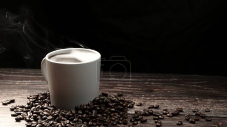 Photo for Top view of coffee or espresso with piles of coffee beans. Close up of fresh roasted coffee bean scatter around wooden table with cup of americano and aromatic stream and smoke from seed. Comestible. - Royalty Free Image