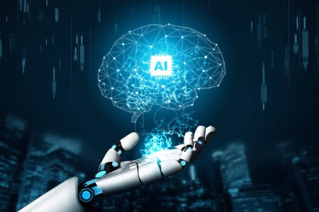 Foto de MLB 3D Representación de desarrollo de tecnología robótica futurista, IA de inteligencia artificial y concepto de aprendizaje automático. Investigación científica biónica robótica global para el futuro de la vida humana. - Imagen libre de derechos