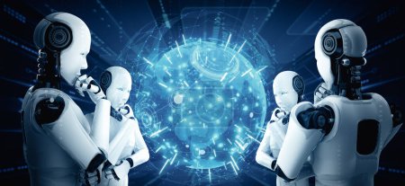 Foto de Ilustración MLB 3D El robot humanoide AI que analiza la pantalla del holograma muestra el concepto de comunicación global de red utilizando inteligencia artificial mediante el proceso de aprendizaje automático. Ilustración 3D - Imagen libre de derechos